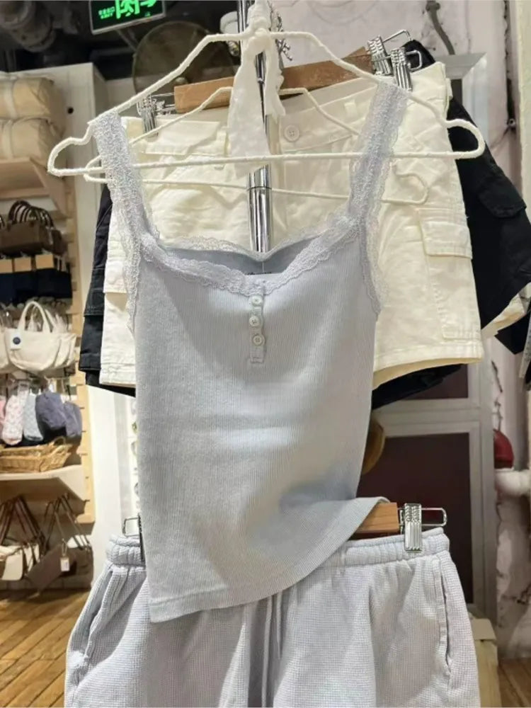 Blue Lace Trim Ribbed Buttons Camisole Women Summer New Casual cotton Slim Sleeveless Vest Sweet All-match Cropped Tank Tops Y2K