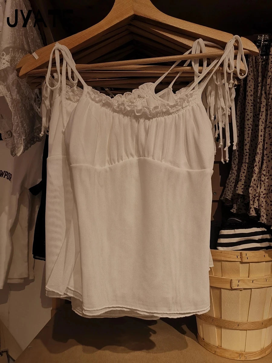 Simple Mesh Sheer Ruffle Tank Tops Women Summer Casual Lace-up Folds Sexy Shoulder Straps Camisole Sweet Cute Chic Crop Top Y2K