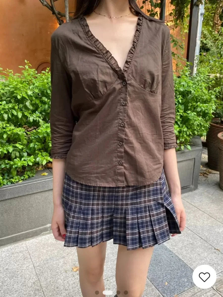 White Ruffles  Single Breasted T-Shirt Blouse Women Summer V-neck Haft Sleeve Tee Shirts Simple Sweet All-match Thin Tshirts New