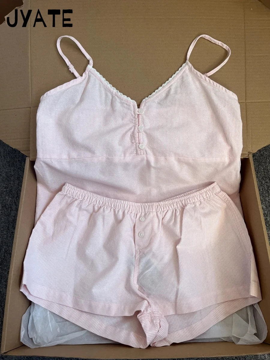 New Blue Striped Buttons Tank Tops Women Summer Casual V-neck Lace Trim Sleeveless Vests Sweet Vintage Preppy Style Camisole Y2K