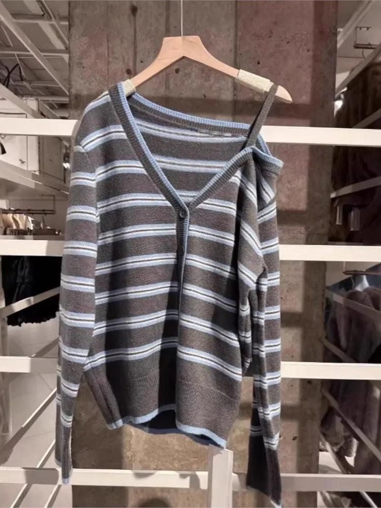 Striped Off-the-shoulder Knitted Cardigan Women Spring Streetwear Sexy Button Sweater Coat Simple Sweet Preppy Style Sweaters