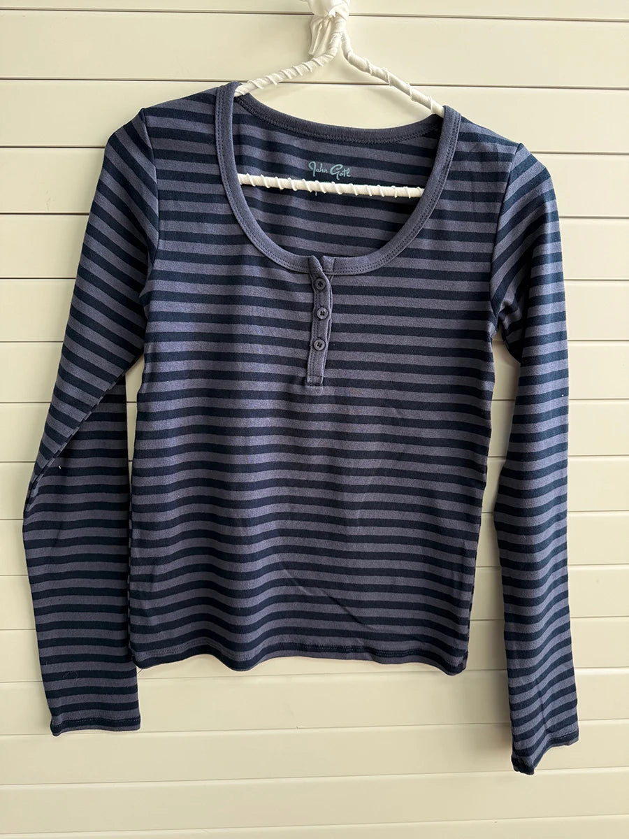 Vintage Buttons 2 Piece Sets Women Navy Striped Cotton Long Sleeve Tee Straight Trousers Home Sweet T-shirt Pant Pajama Set Y2K