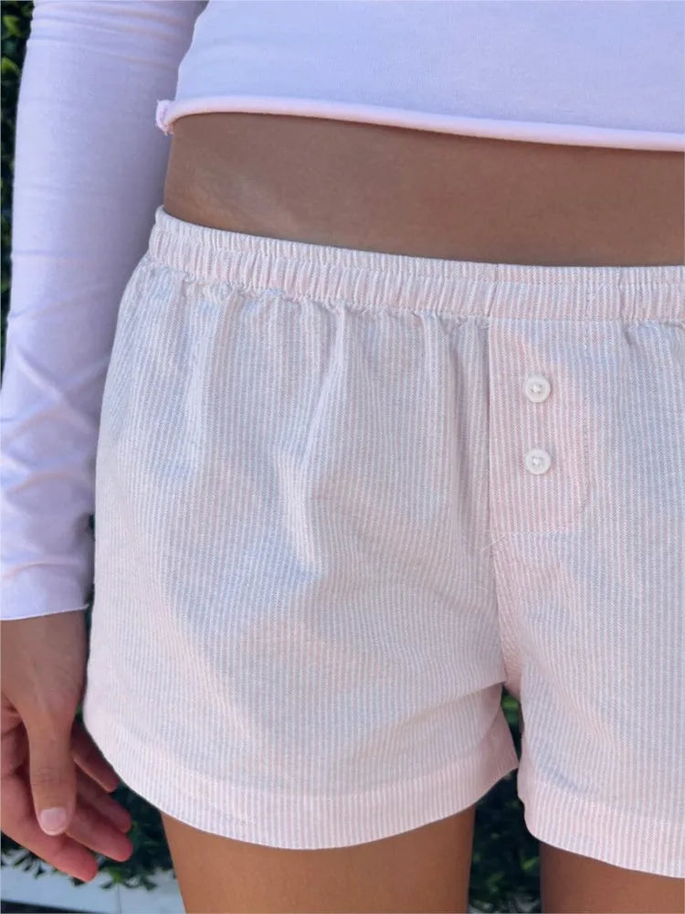 Sweet Pink Striped Button Short Pants Women Summer Cotton Loose Casual Elastic High Waist Home Underwear Cute Vintage Y2K Shorts