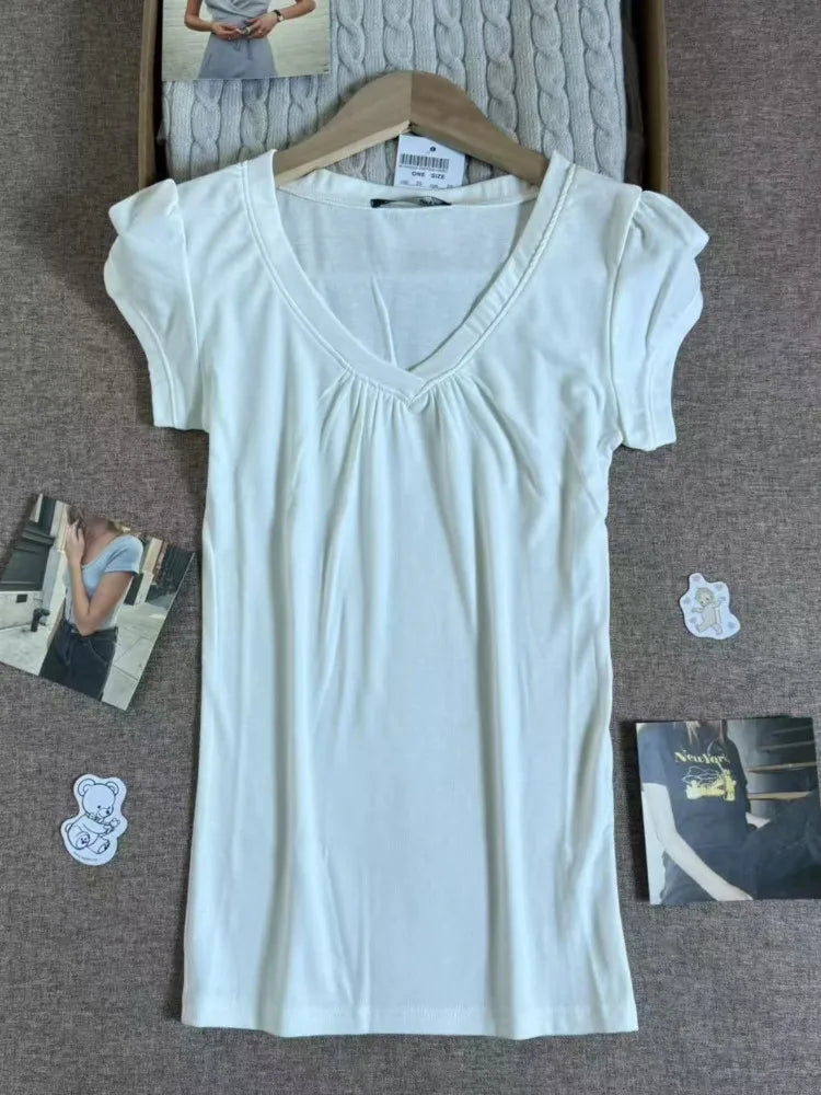 Pink V-neck Slim T-shirts Women Casual Streetwear Cotton Soft Short Sleeve Tees Sweet Cute Chic Tshirts Y2K