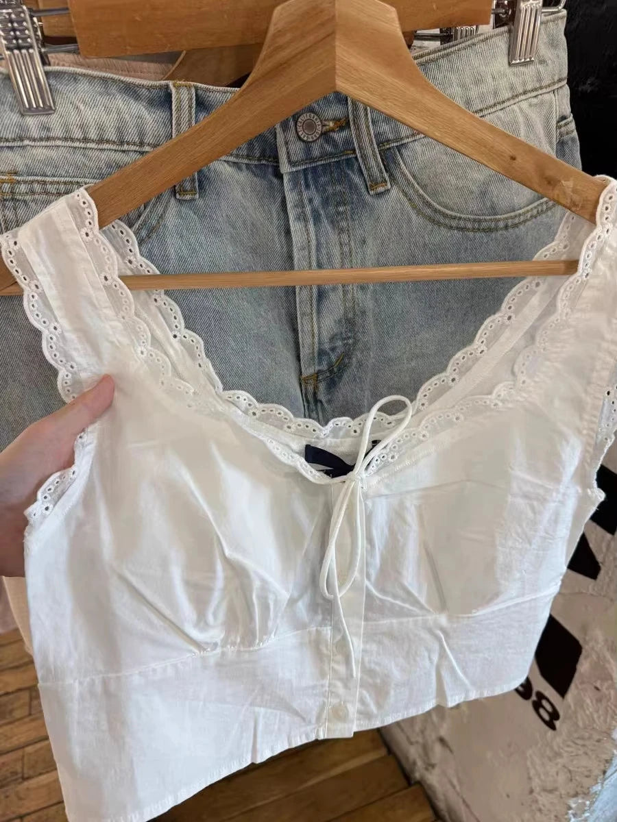White Lace Trim Slim Tank Tops Women New Lace-up V-neck Single Breasted Sleeveless Crop Top Sweet Simple Basic Cropped Vest Y2K
