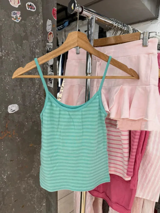 Green Striped Slim Camisole Women Casual Simple All-match Cute Cotton Sleeveless Vests Female Sweet Vintage Chic Tank Tops Y2K