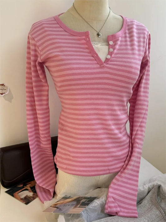 Sweet Button Long Sleeve Tees Women Spring New Cotton Rose Pink Striped Slim Zelly Tops Simple Chic Preppy Style T-shirts