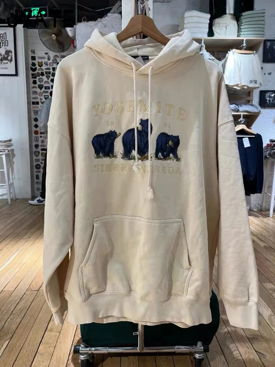 New Sweet Cute Little Bear Embroidery Beige Loose Hoodies Women Pocket Streetwear Cotton Pullover Tops Vintage Chic Sweatshirts