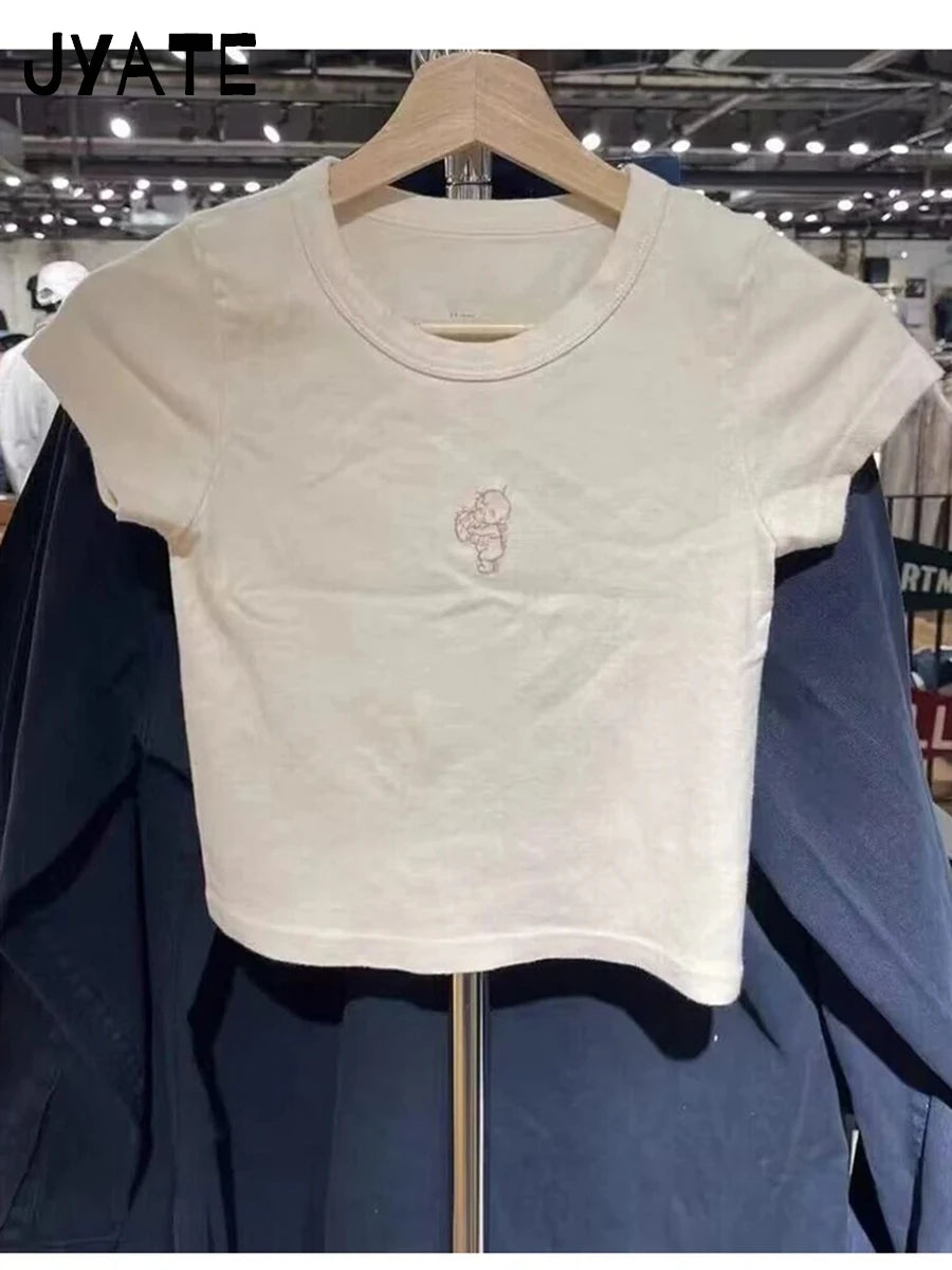 Cute Cartoon Angel Print Slim T-shirts Women Summer O-neck Cotton Harajuku Streetwear Short Sleeve Tees Sweet Chic Y2K Crop Tops