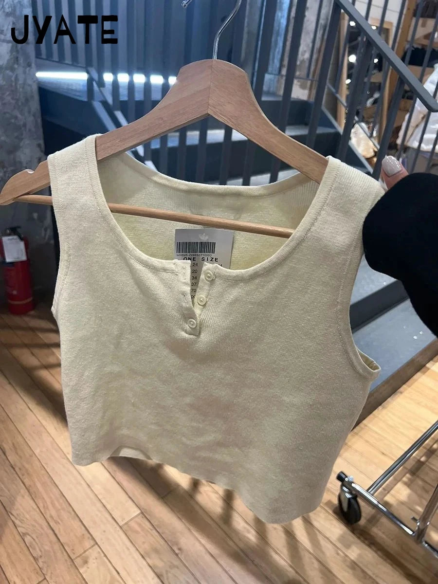 Beige Button O-neck Basic Tank Tops Women Summer Casual Cotton Soft Cute Preppy Cropped Vests Vintage Chic Sweet Camisole Y2K