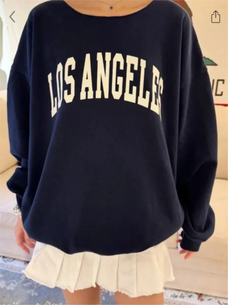 Vintage Letter Print Oversized Sweatshirt Women Autumn Scoop Neck Long Sleeve Cotton Loose Pullover Sexy Street Chic Hoodies Y2K