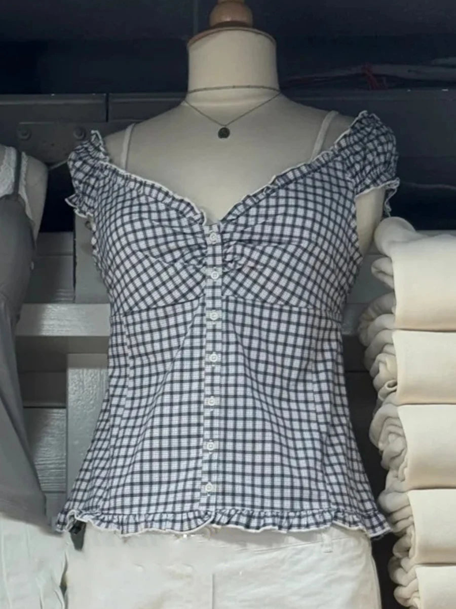 Folds Plaid Ruffle Sleeveless Blouse Top Women Streetwear Casual Single Breasted Tank Tops Cute Sweet Preppy Style Camisole Y2K