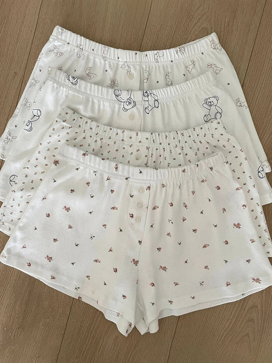 Sweet Eyelet Floral Print Short Pants Women Three Buttons High Waist Straight Home Cozy Underwear Casual Cute Cotton Shorts Y2K