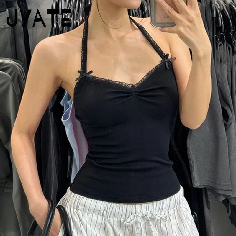 Sweet Blue Striped Lace Strapless Halter Camisole Women New Cotton Bow Slim Cropped Vests Cute Chic Preppy Style Tank Tops Y2K