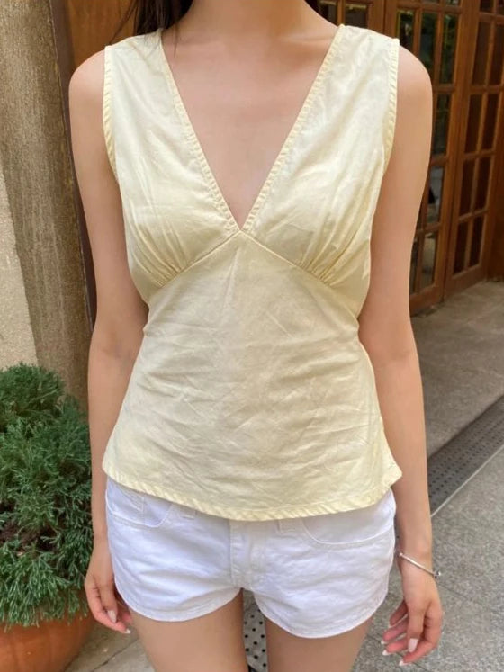 Yellow Sexy V-neck Tank Top Women Summer Cotton Back Lace-up Sleeveless  Camisole Sweet Cute Preppy Style Casual Simple Y2k Tops