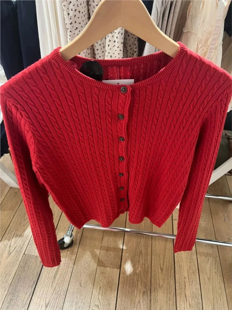 Twist flower Knitted Sweater Cardigan Crew Neck Single Breasted Long Sleeve Slim Coat Vintage Streetwear Simple Crop Top Y2K