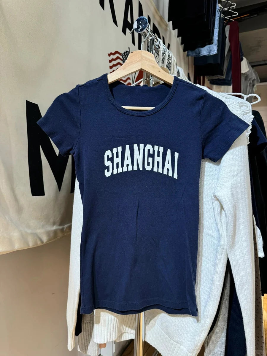 NO.14 Print Slim Navy T-shirts Women New Cotton Casual O-neck Short Sleeve Tees Girl American Vintage Streetwear Tshirt Y2K Tops
