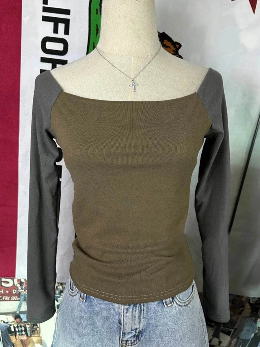 New Patchwork Long Sleeve T-shirt Women Spring Slash Neck Cotton Slim Tee Shirts Female Sweet Streetwear Vintage Tshirt Tops Y2K