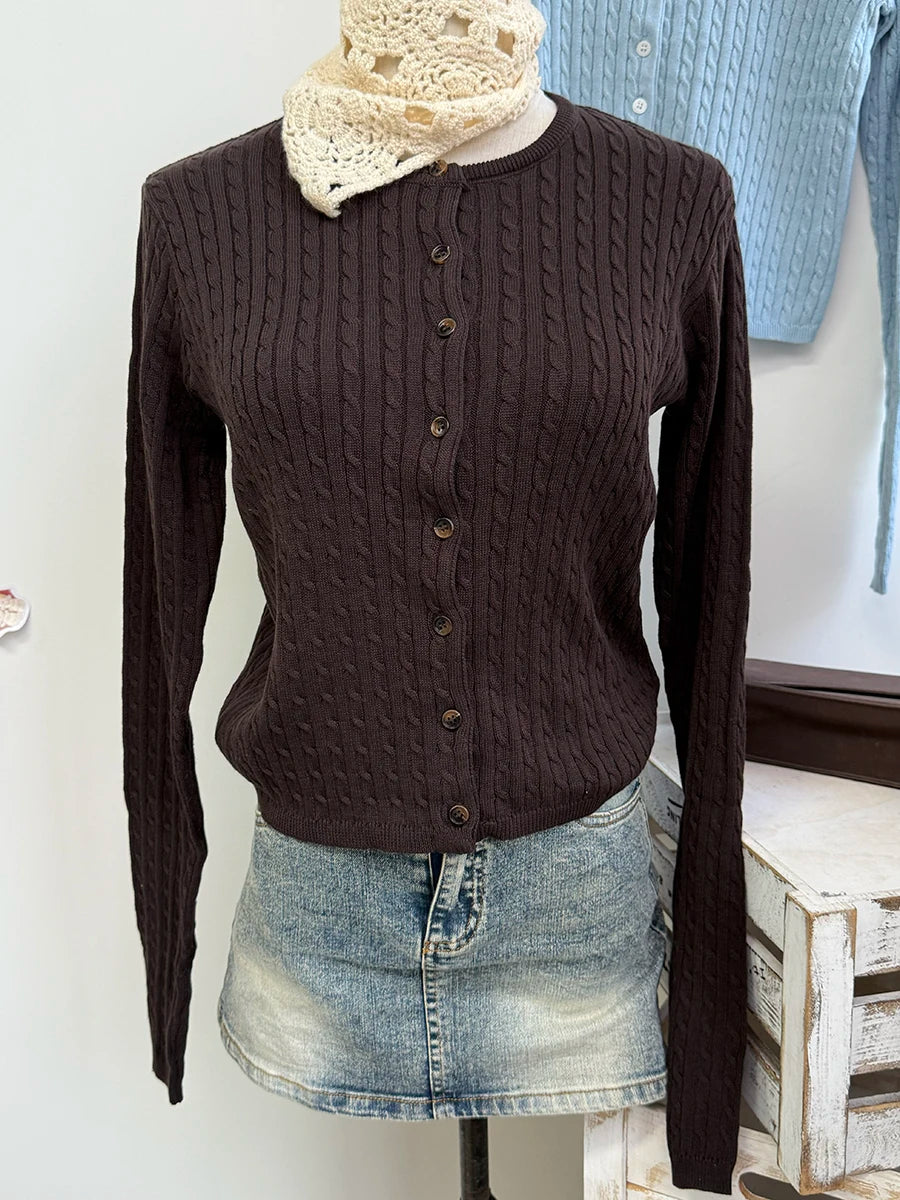 Brown Twsit Cardigan Women Spring Simple Casual Cotton Slim Button Long Sleeve Sweater Vintage Chic Preppy Style Sweaters Y2K