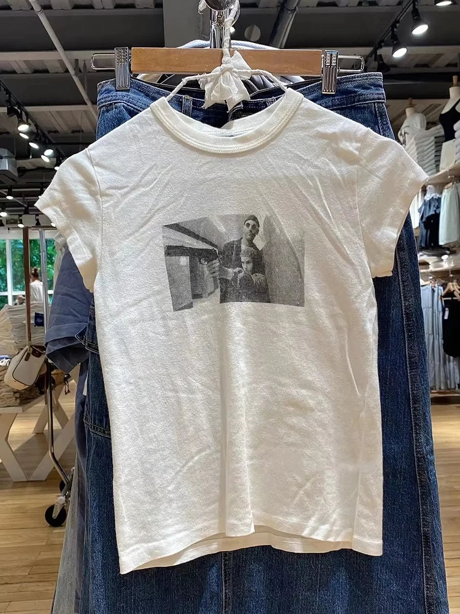 Vintage Letter Graphic Crop Top Women Summer Casual Round Neck Short Sleeve Short T-shirt Female Retro Classic Cotton Tops Chic