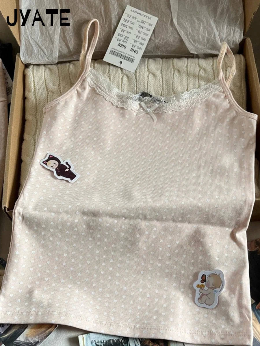 Heart Print Pink Slim Sexy Cropped Vests Women Summer Cotton Soft Preppy Style Sleeveless Tank Tops Sweet Cute Casual Camis Y2K