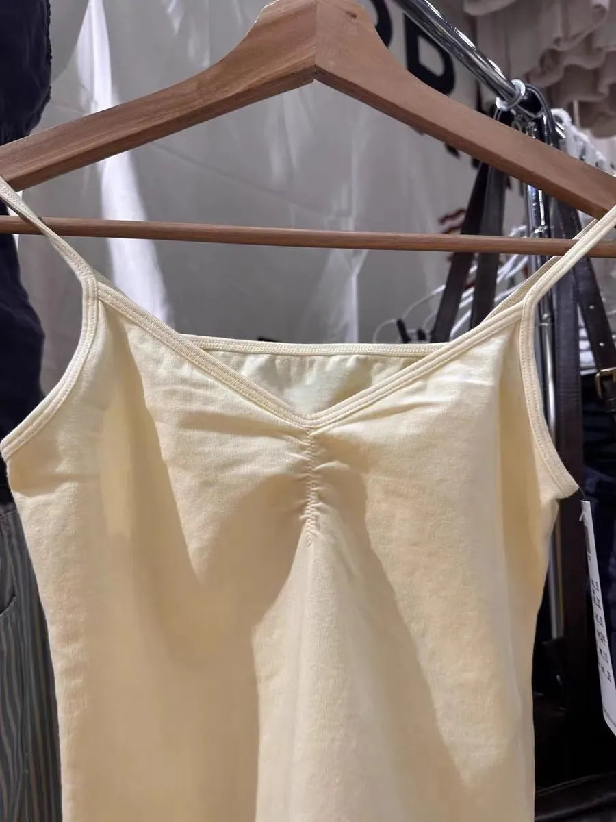 Yellow Folds V-neck Bow Black Tank Tops Women Summer All-match Cotton Sleeveless Slim Camisole Vintage Sweet Cute Crop Top Y2K
