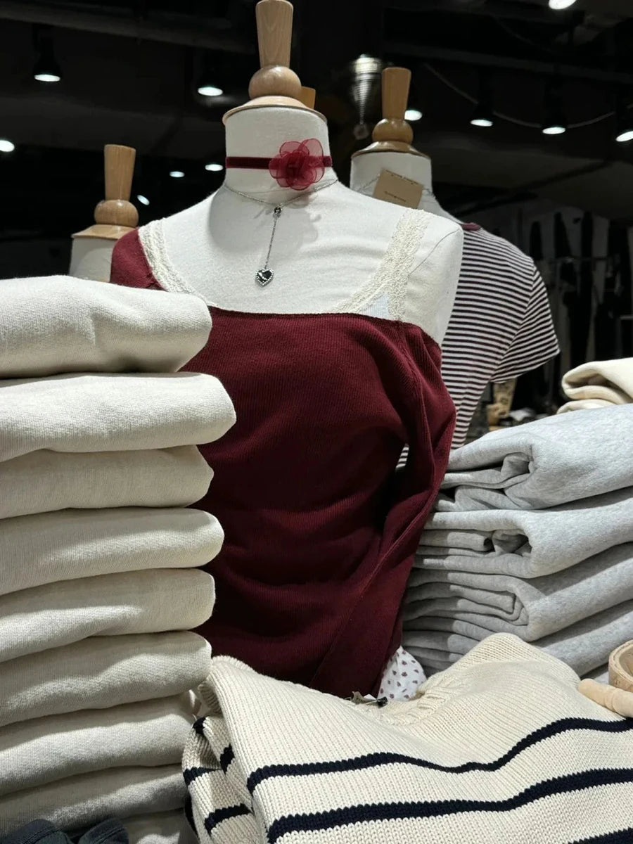 Red Sexy Slash Neck Crop Tops Women 2024 New Cotton Ribbed Harajuku Long Sleeve Tees Vintage Simple Basic T-shirts Y2K