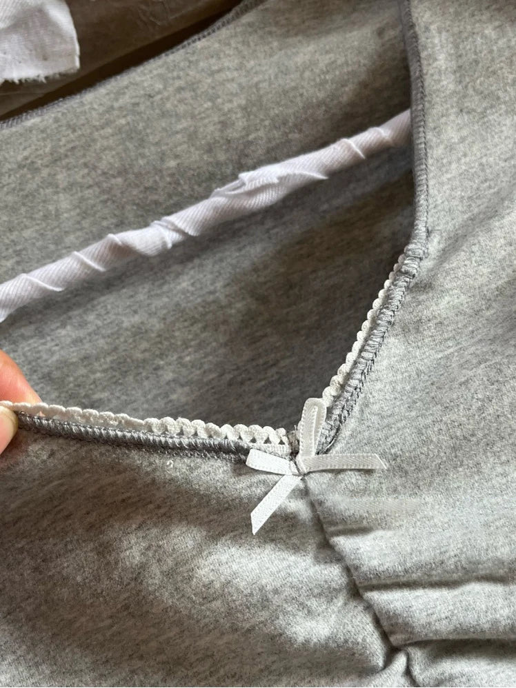 Gray Folds Bow V-neck Long Sleeve T-shirt Women Cotton Lace Trim Slim Tee Shirt Female Sweet Preppy Style Basic Tshirt Y2K Tops