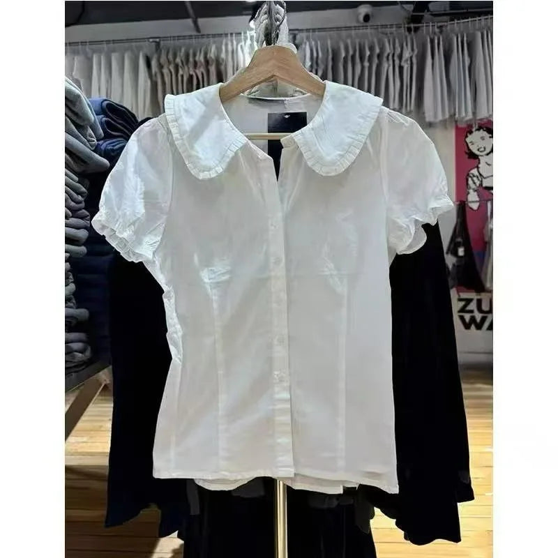 Retro Red Buttons Blouse Women Summer New Streetwear Lapel Short Sleeve Tees Sweet Vintage Cute Preppy Style T-shirts Y2K Tops