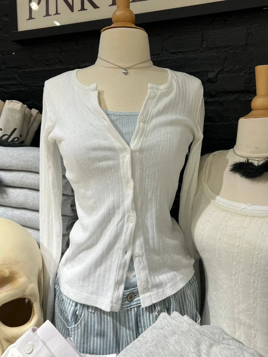 Spring Eyelet Long Sleeve T-shirt Women Simple Slim O-neck Single Breasted Cotton Tee Shirts Cute Sweet Preppy Style Tops