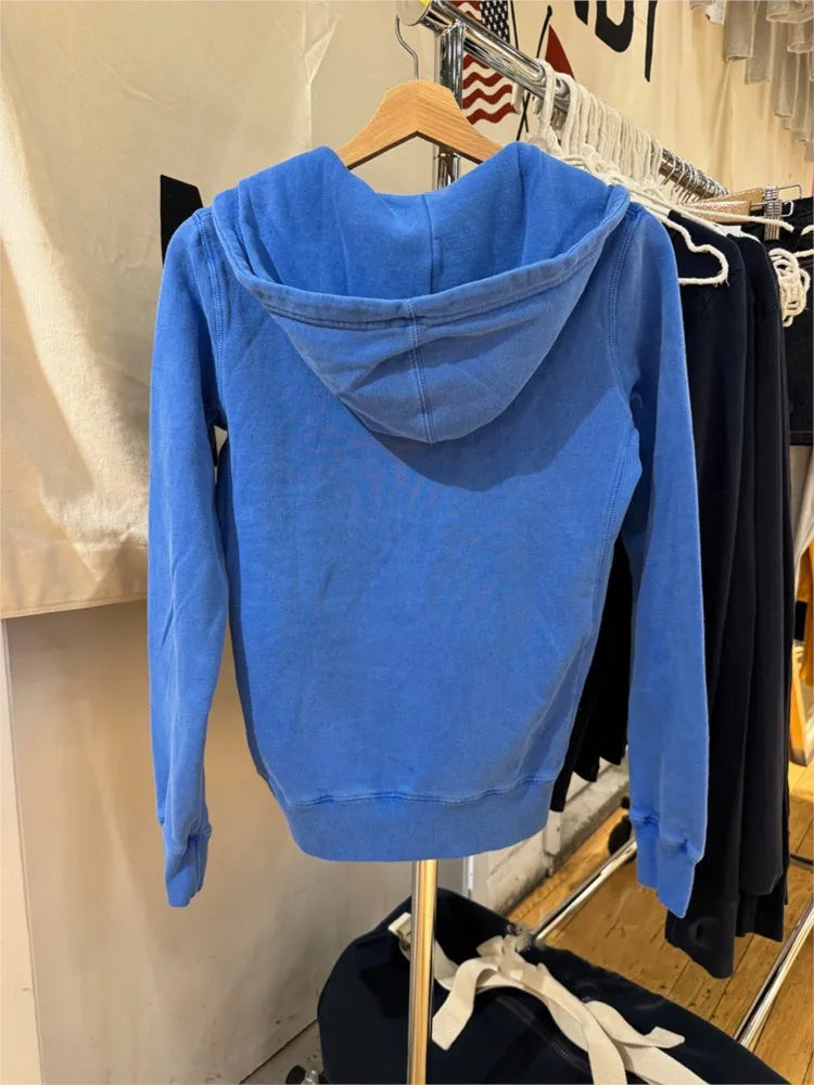 Electric Blue Zipper Hoodies Women Autumn Loose Pockets Drawstring Hoodie Tops Vintage Sweet Preppy Style Y2K Sweatshirts Coat