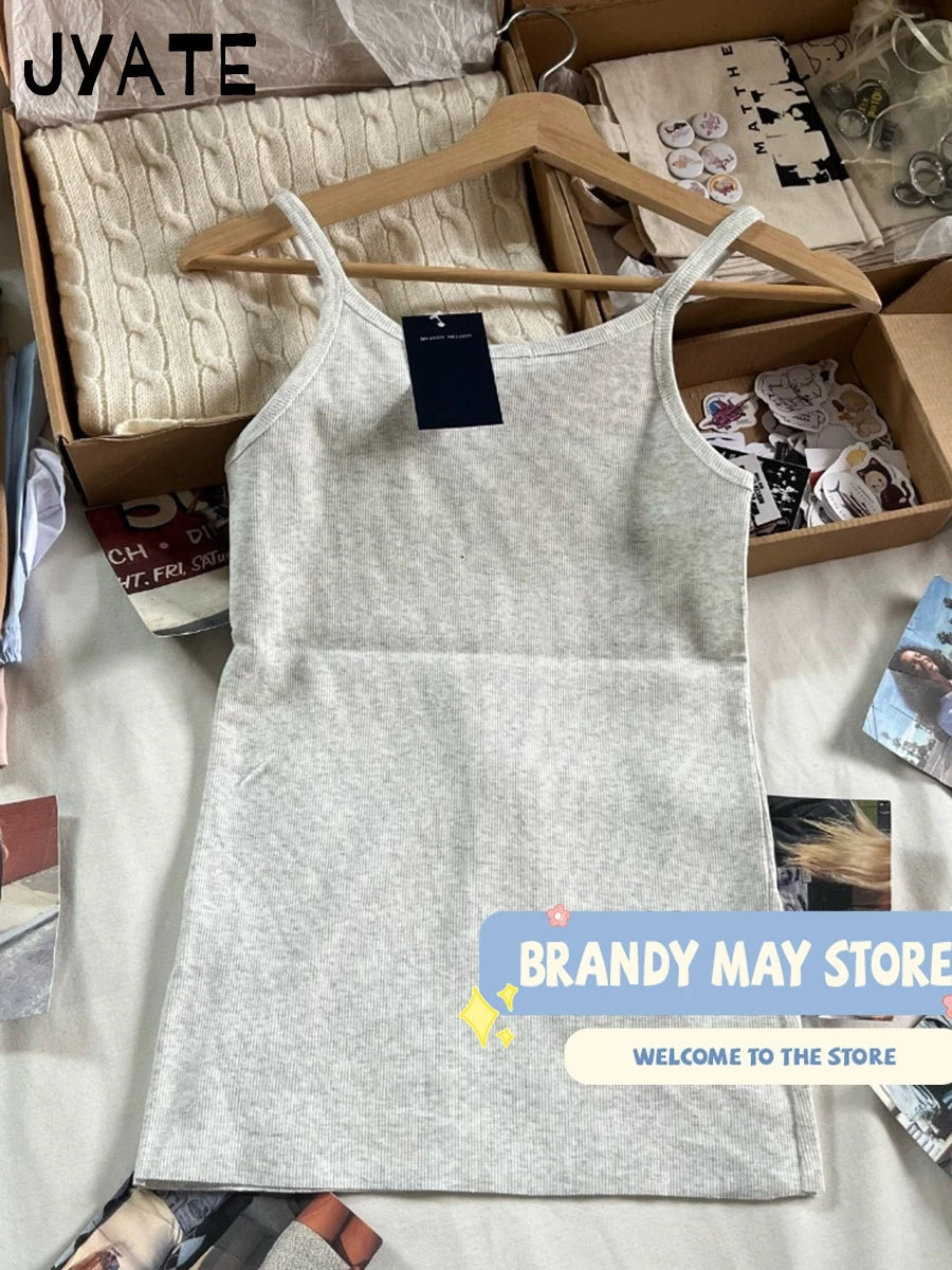 Simple Gray Raw Hem Tank Tops Women Summer New Cotton Soft Ribbed Casual Streetwear Vests Female Vintage Basic Chic Camisole Y3K