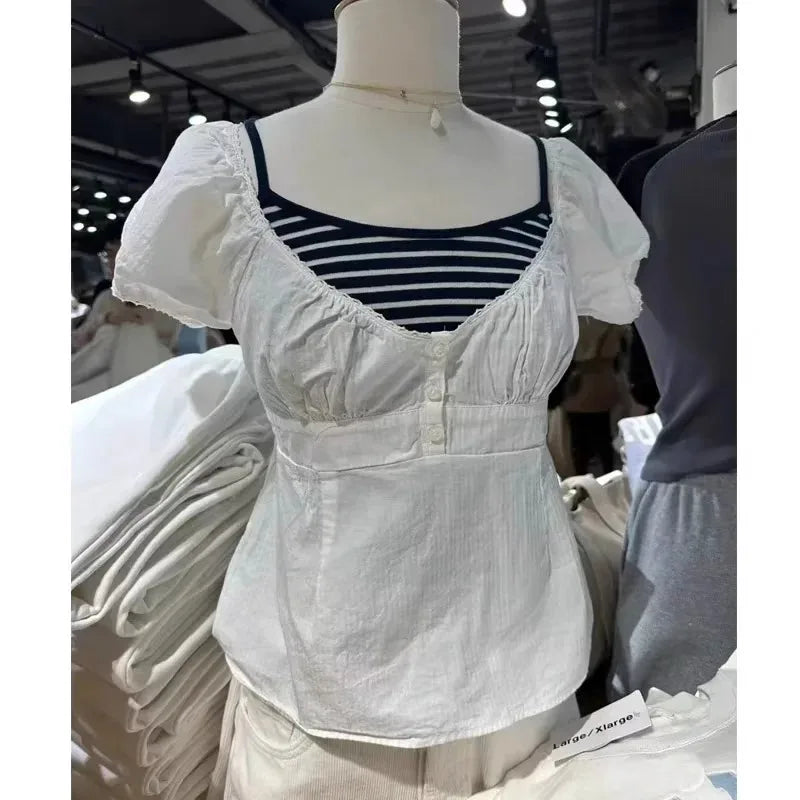 Blue Striped Blouse T-shirts Women Casual Cotton Lace Trim V-neck Sexy Button Crop Tops Sweet Cute Preppy Style Tees Clothes New