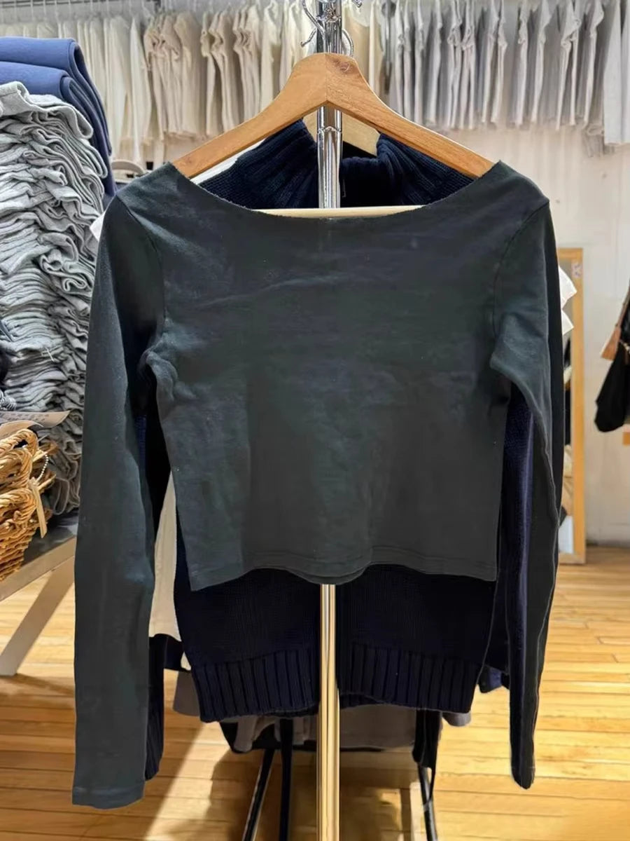 Harajuku Letter Print Slim Long Sleeve T-shirts Women Sexy Slash Neck Cotton Cropped Tees American Vintage Streetwear Crop Top