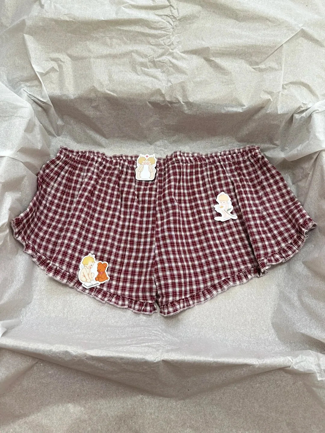Red Plaid Ruffle Shorts Women Summer Casual Buttons Bow Elastic Low Waist Straight Pant Chic Sweet Preppy Style Short Pants Y2K