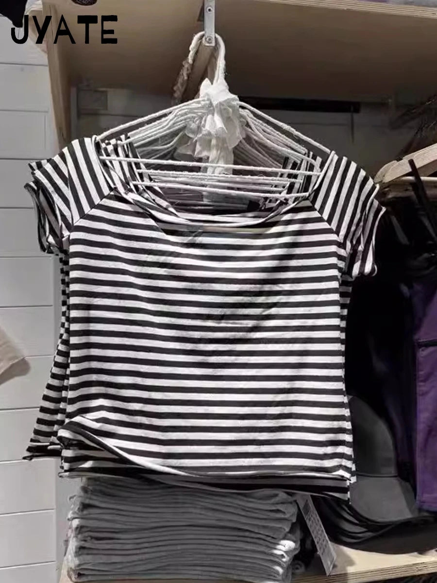 Red Striped T-shirt Women Sexy Slash Neck Raw Hem Slim Cotton Short Sleeve Tee Shirts Female Summer Vintage Tshirt Y2K Tops New