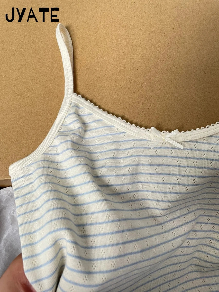American Blue Striped Hollow Out Tank Tops Women Summer New Cotton Bow Lace Trim Sleeveless Vests Sweet Cute Vintage Camis Y2K