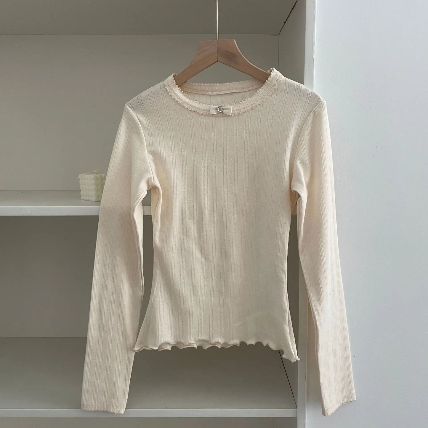 Sweet Lace Trim Long Sleeve Tee Women Summer New Streetwear Casual O-neck Bow Tshirt Tops Vintage Cute Preppy Style T-shirts Y2K