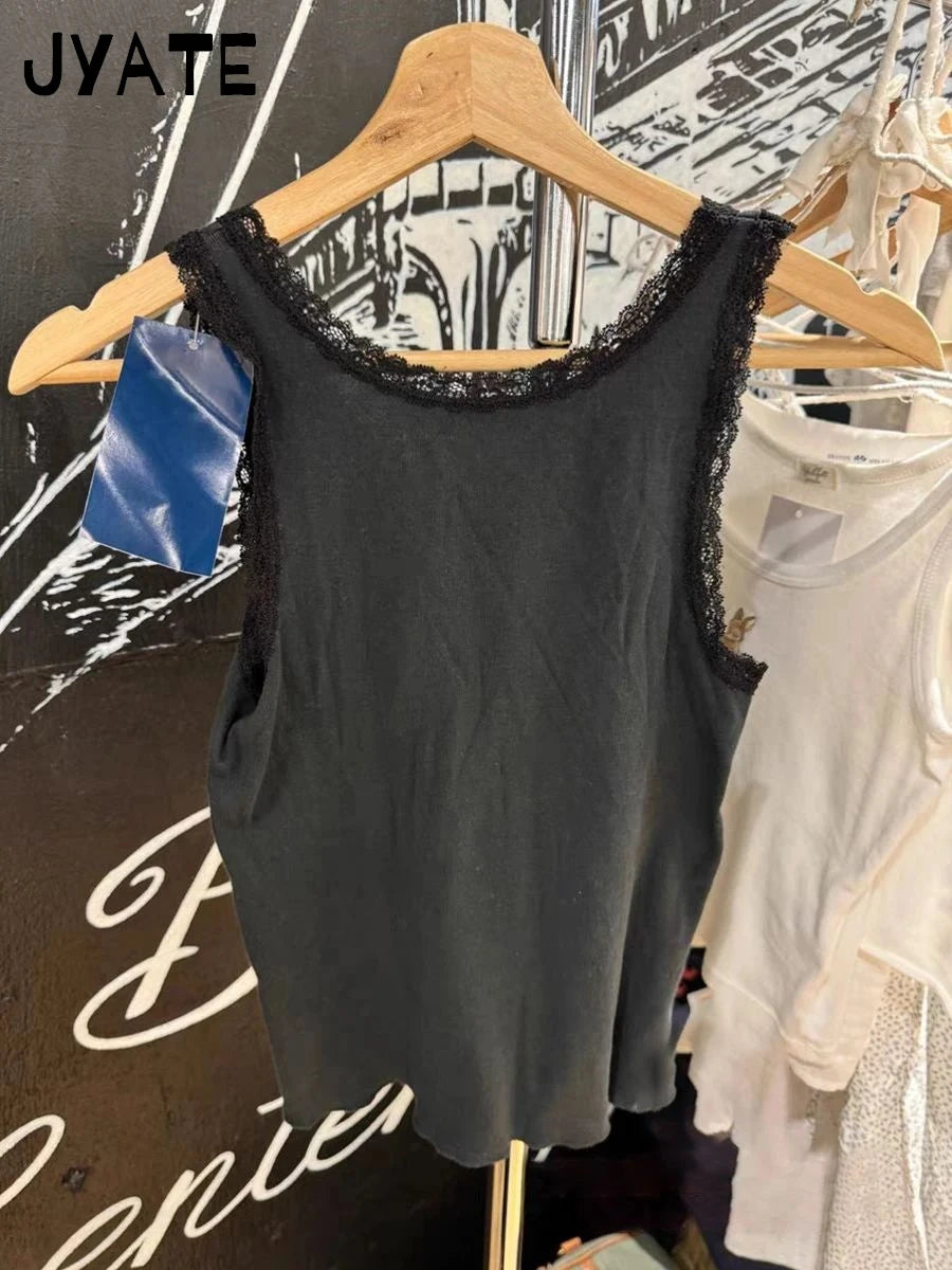 Harajuku Heart Print Lace Trim Tank Tops Women New Cotton Casual Slim Sleeveless Cropped Vests Vintage Chic Streetwear Camisole