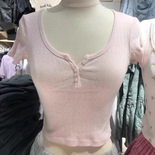 Sweet Floral Hollow Out Button T-shirts for Women Summer O-neck Cotton Slim Casual Short Sleeve Tees Cute Vintage Chic Crop Tops