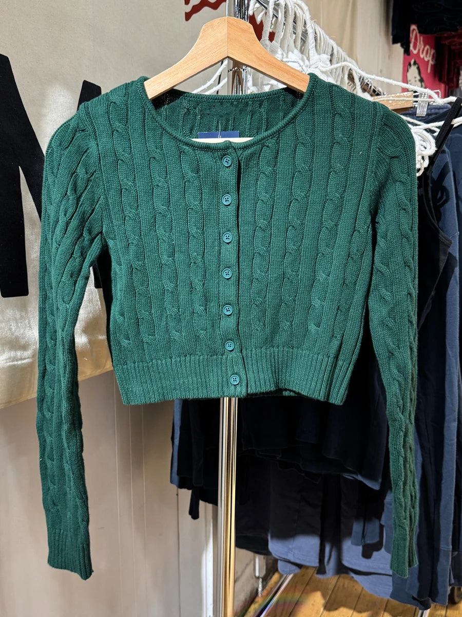 Drak Green O-neck Knit Cardigan Women Spring Cotton Casual Streetwear Slim Cropped Sweaters Vintage Simple Sweet Kniitwear Y2K