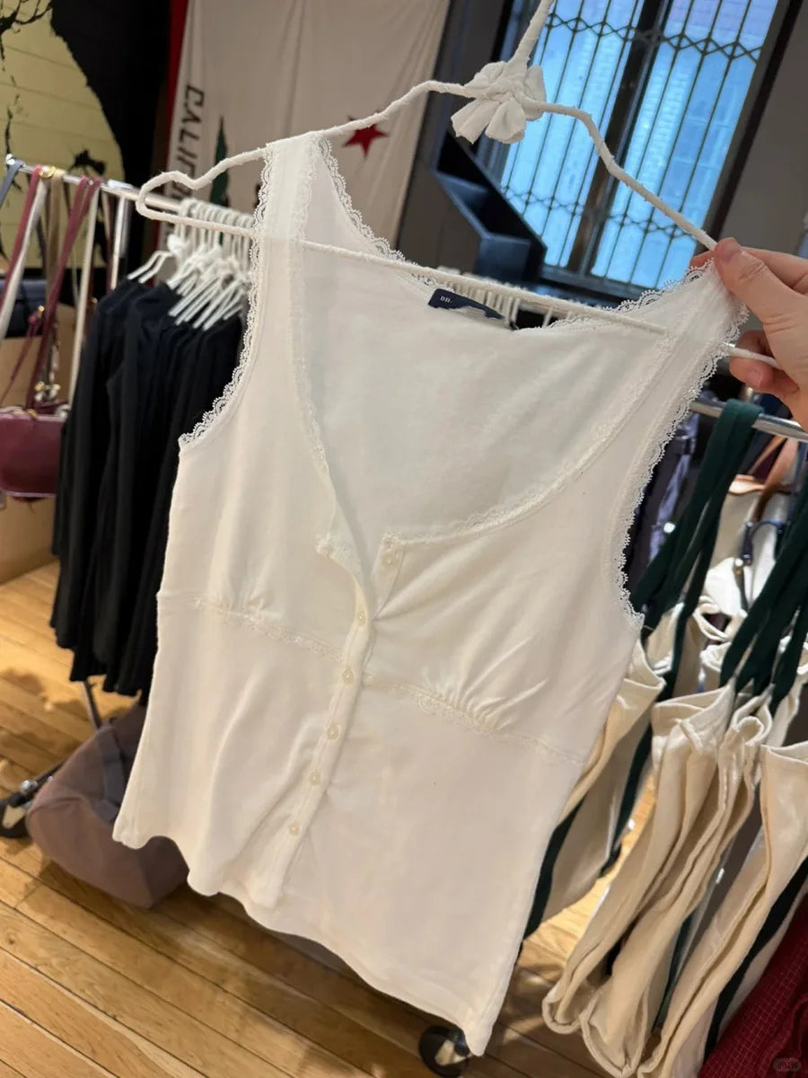 New White Lace Trim Slim Tank Tops Women Casual Cotton U-neck Buttons Sleeveless Cardigan Vests Sweet Preppy Style Cute Camisole