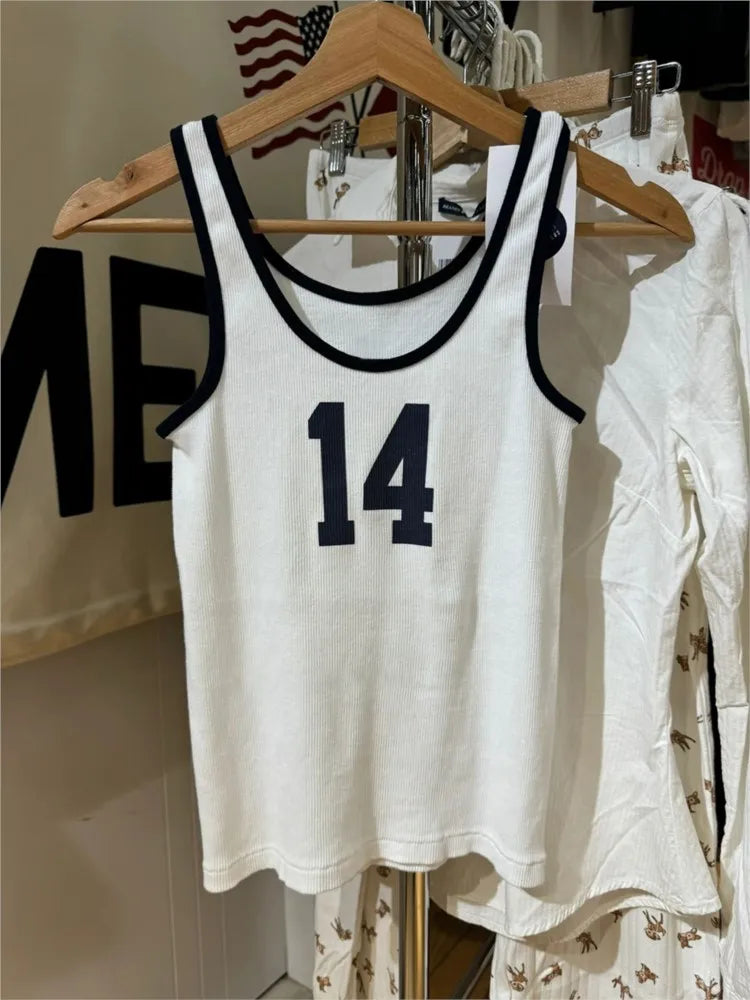 Vintage 14 Print Ribbed Slim Tank Top Women Spring U Collar Sleeveless Cotton Camisole Top Casual Streetwear Sweet Vest Y2K Tops