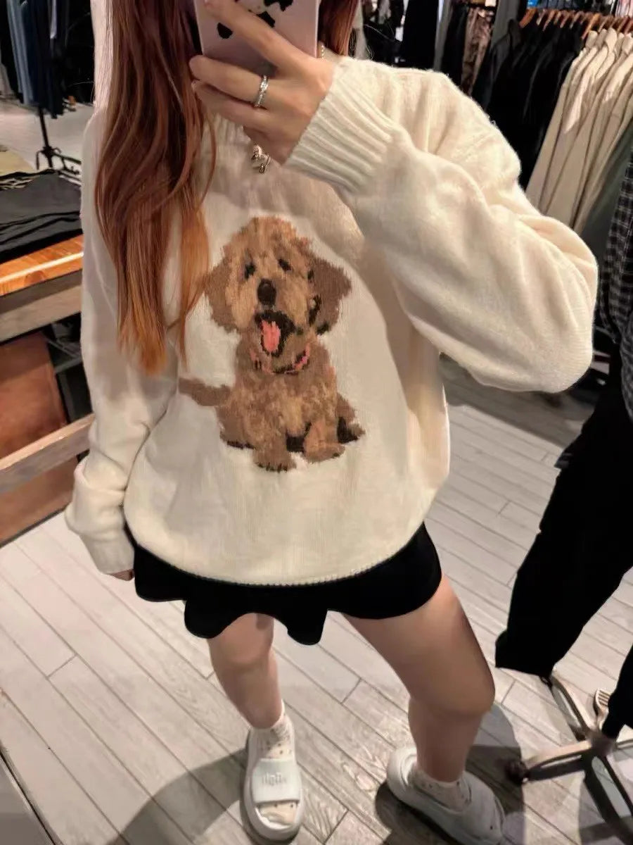 Cute Dog Graphic Knitted Sweater Women Autumn O-Neck White Long Sleeve Pullover Tops Female Preppy Style Loose Casual Jumper New