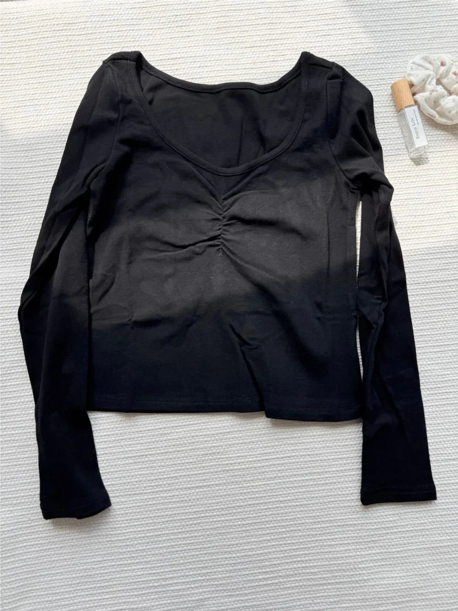 White Sexy Folds Long Sleeve Crop Top Women New Crew Neck Cotton Slim Simple Basic T-shirts Female Sweet Chic Cropped Tees Tops