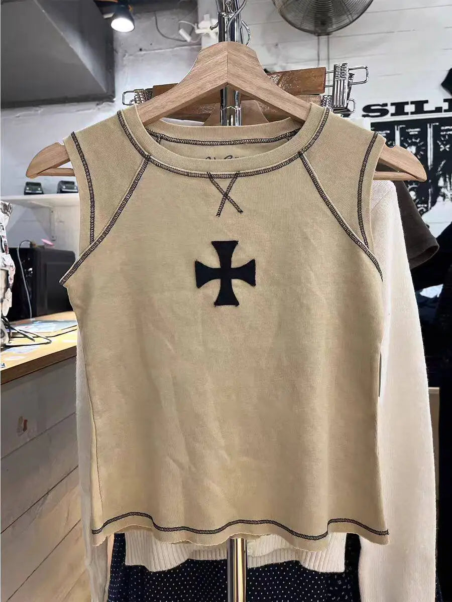 Cross Khaki Tank Tops Women Summer Casual Streetwear O-neck Slim Sleeveless Camisole American Vintage Chic Vests Y2K
