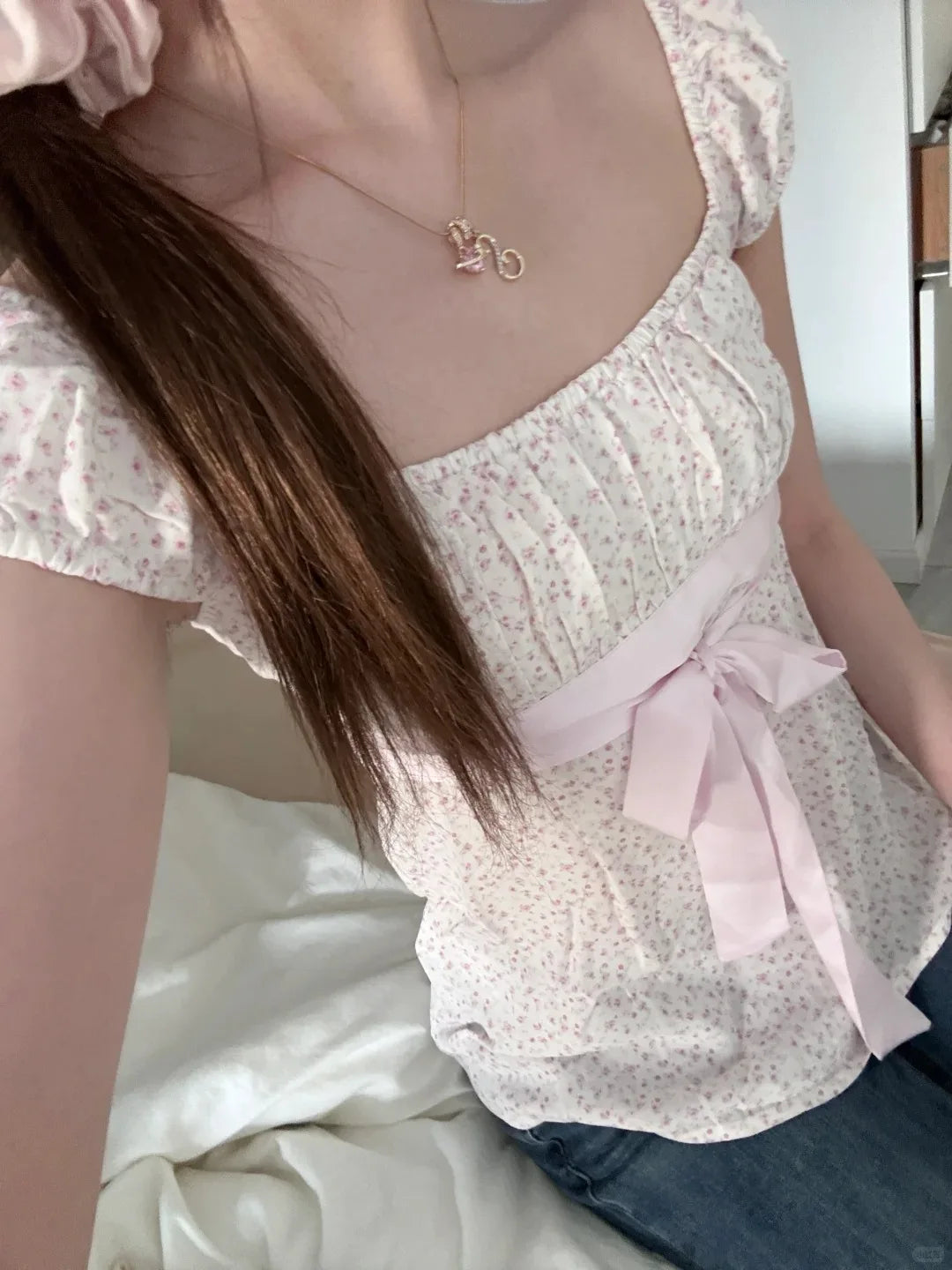 Pink Floral Lace-up T-shirts Women Summer New Casual Slim Square Collar Puffle Tee Tops Female Preppy Style Y2K Sweet Tshirt Top