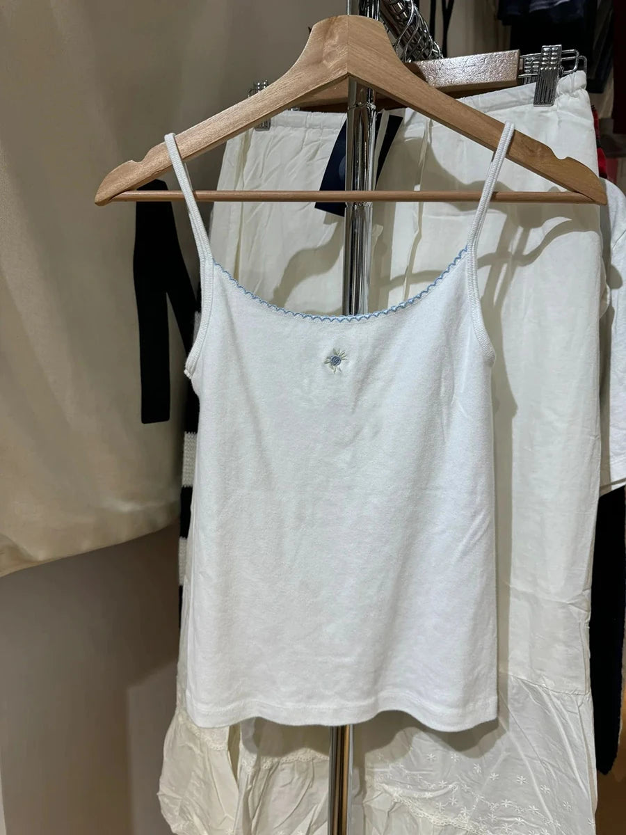 Heart Eyelet Red Bow Camisole Women Casual Slim Lace Trim Sleeveless Cotton Tank Top Female Sweet Cute Preppy Style Crop Tops