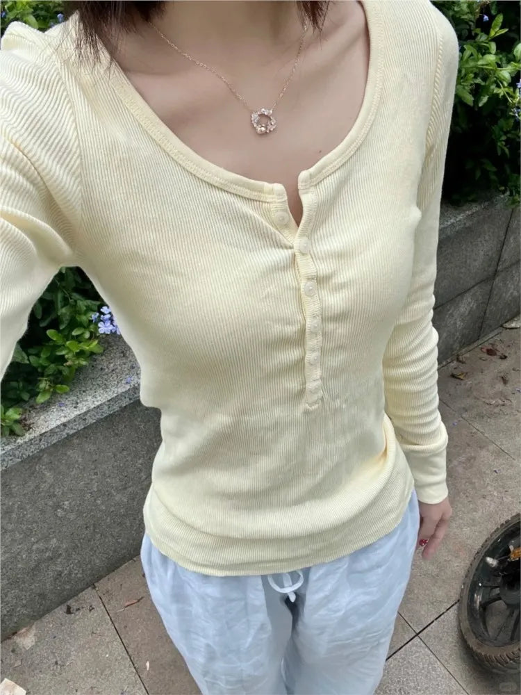 Yellow Ribbed Buttons T-shirt Women Buttons O-Neck Cotton Slim Long Sleeve Tee Cute Vintage Preppy Style Sweet T Shirt Y2K Top