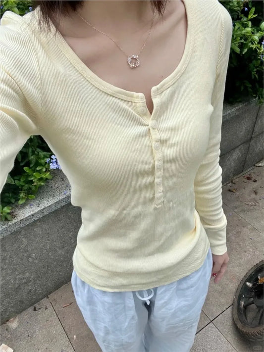 Yellow Ribbed Buttons T-shirt Women Buttons O-Neck Cotton Slim Long Sleeve Tee Cute Vintage Preppy Style Sweet T Shirt Y2K Top